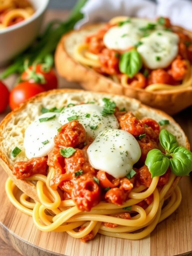 SPAGHETTI GARLIC BREAD BOWLS – Easy Comfort Food