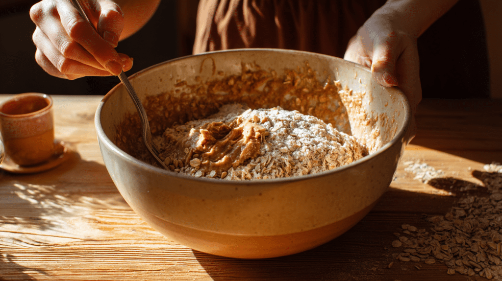 mixing low FODMAP granola bar ingredients in a bowl with oats and peanut butter