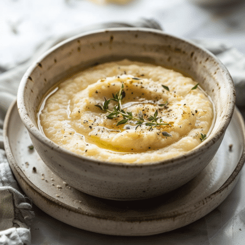 Low FODMAP grits in a rustic bowl with creamy texture and melted butter