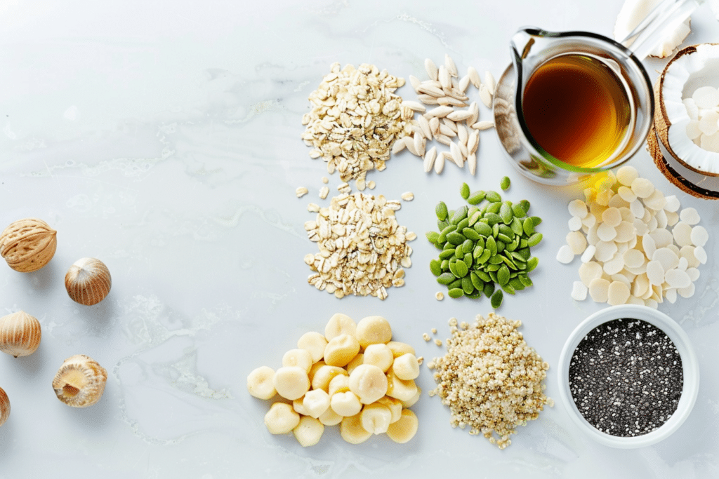 Raw ingredients for gut-friendly muesli including rolled oats, puffed quinoa, and chia seeds.