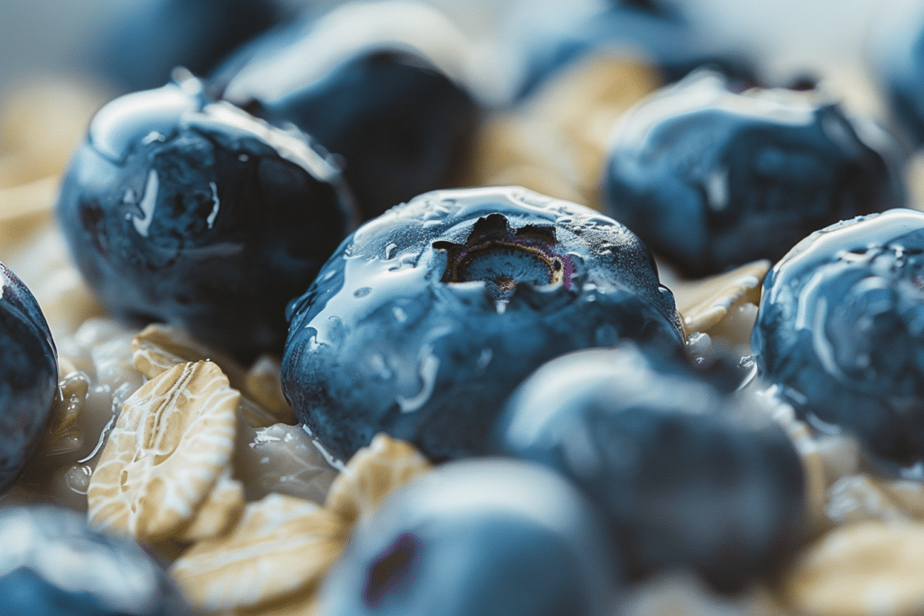 Close-up texture of creamy Low FODMAP oatmeal with burst blueberries creating purple-blue swirl, IBS safe breakfast