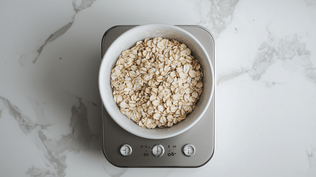 kitchen scale displaying 43 grams of certified gluten-free rolled oats in a white bowl for low FODMAP oatmeal