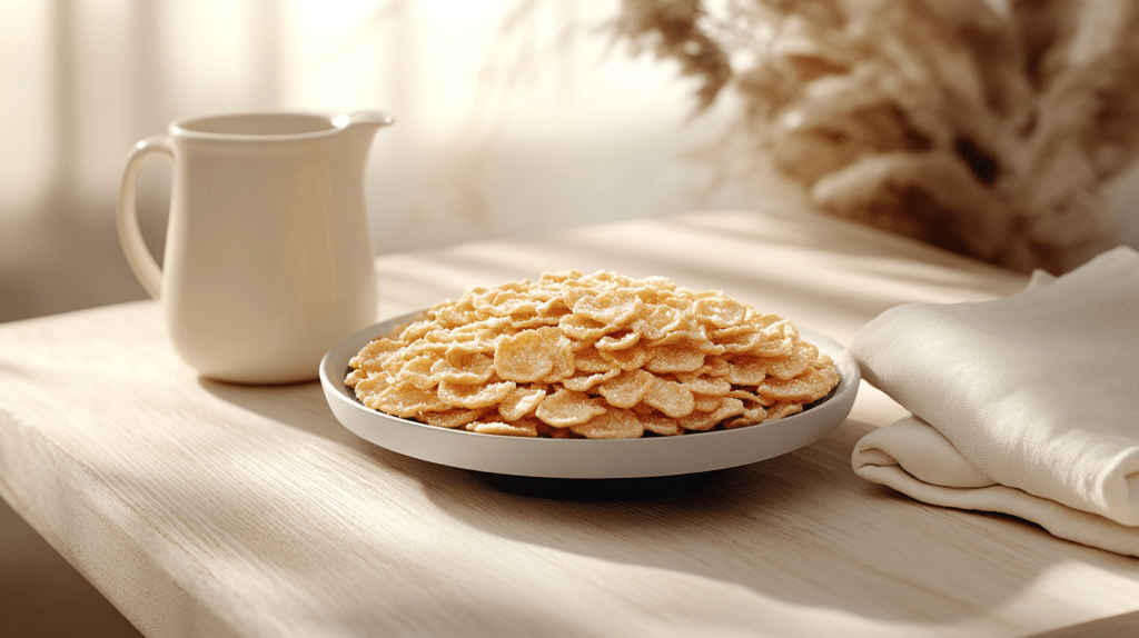 Digital scale measuring exactly 37 grams of frosted flakes next to almond milk.
