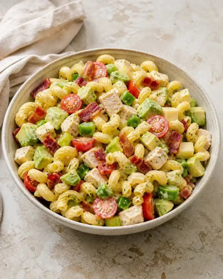 Salad Recipes for Lunch featuring recipenly original chicken club pasta salad featured