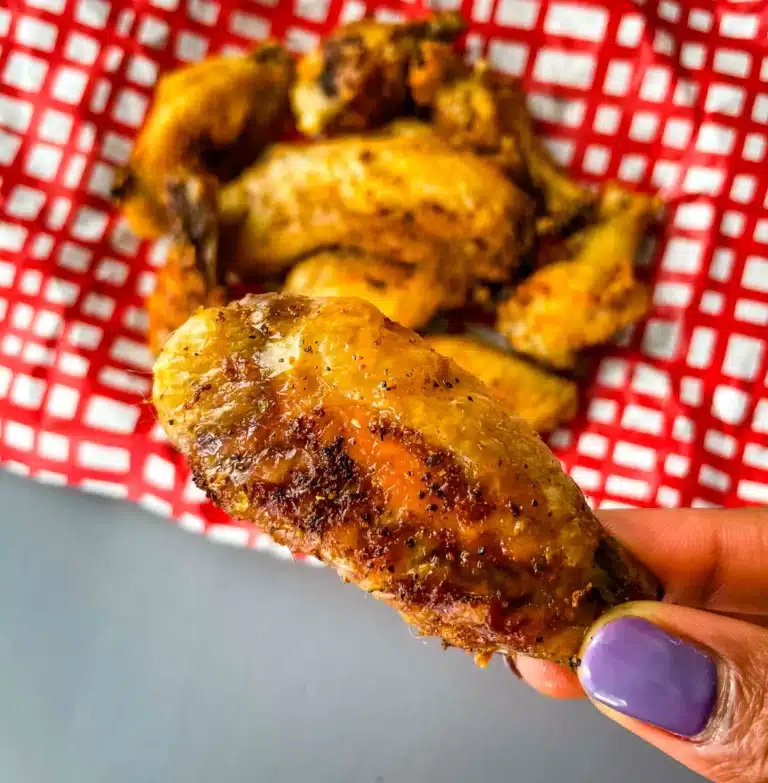Person holding a crispy air fryer chicken wing