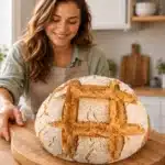 Gluten-free artisan bread with a golden flour-dusted crust and square scoring on a wooden board