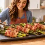 Bacon-wrapped asparagus bundles with browned bacon and green asparagus on a slate-gray platter in the Recipnest kitchen