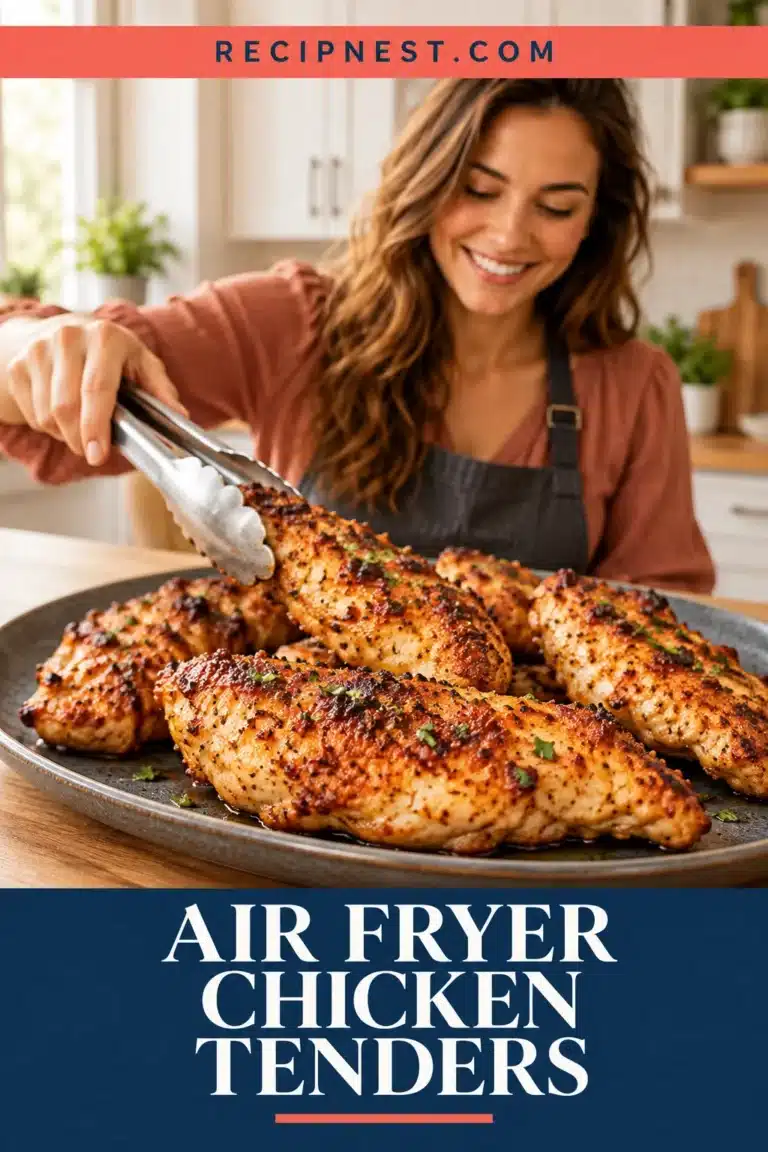 Golden seasoned air fryer chicken tenders on a slate-gray platter with Emma Carter in the Recipnest kitchen