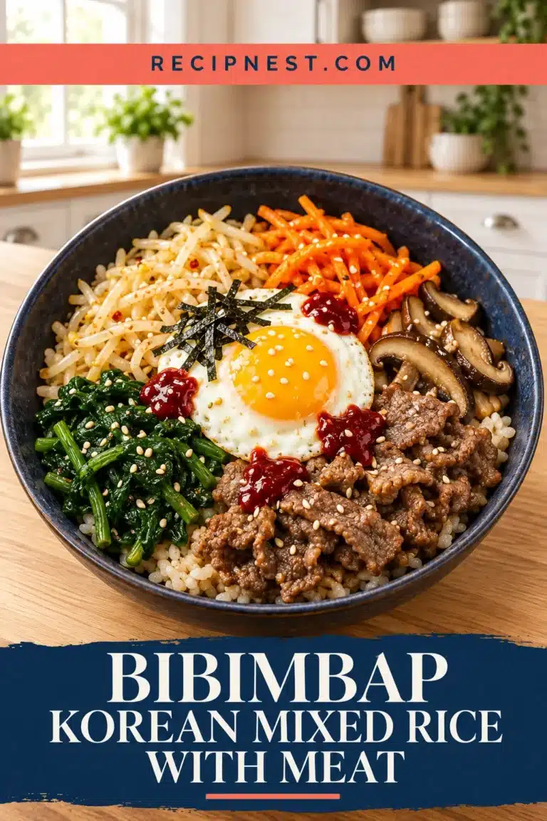 Korean bibimbap with rice, sliced beef, spinach, carrots, bean sprouts, mushrooms and a fried egg in a navy bowl