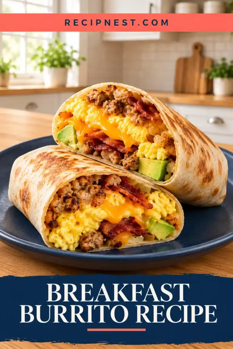 Two cut breakfast burritos filled with scrambled eggs, cheese, bacon, sausage and avocado on a navy plate