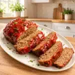 Classic Homemade Meatloaf Recipe with sliced beef meatloaf, tomato glaze and parsley on a white platter in the Recipnest kitchen