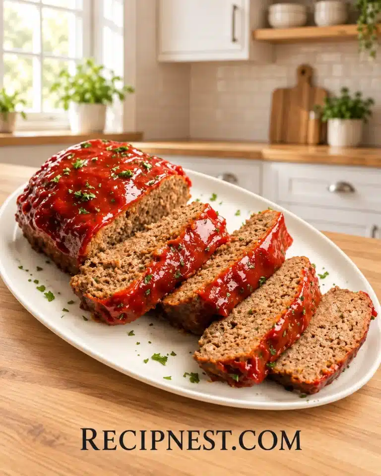 Classic Homemade Meatloaf Recipe with sliced beef meatloaf, tomato glaze and parsley on a white platter in the Recipnest kitchen