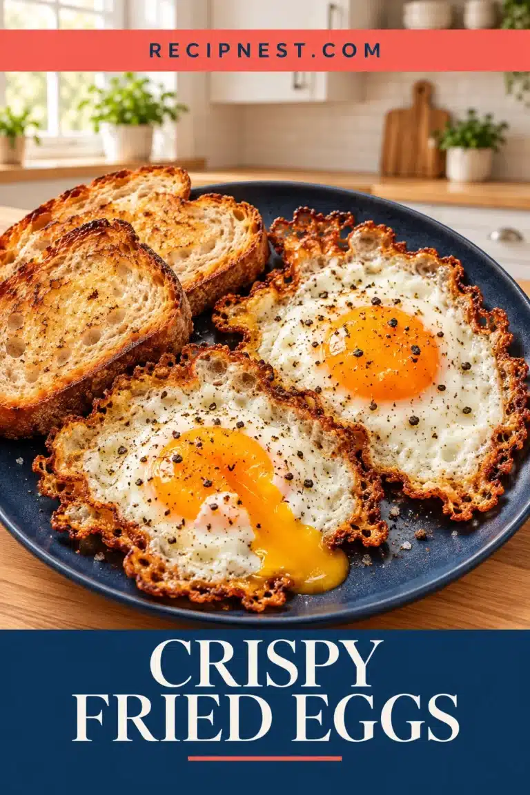 Two fried eggs with lacy golden-brown crisp edges, glossy orange yolks and black pepper beside toast on a navy plate