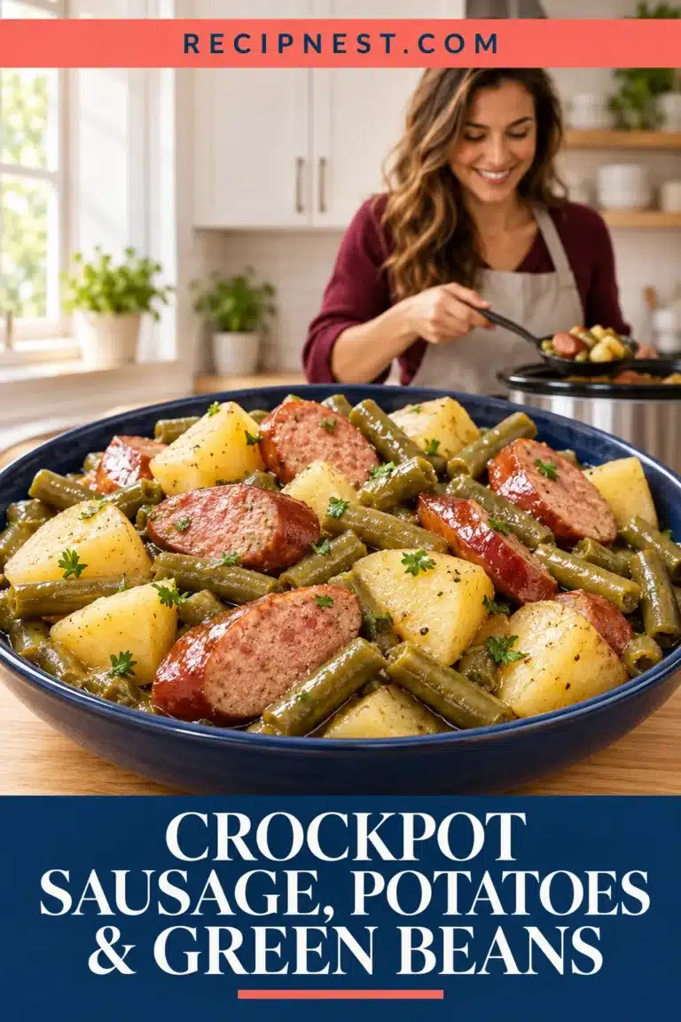 Crockpot Sausage, Potatoes & Green Beans with tomato sauce and melted cheese in a terracotta baking dish, with a portion lifted on a serving spatula