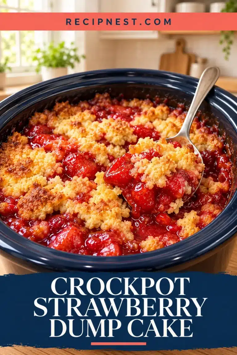 Warm strawberry dump cake with red strawberry filling and golden buttery cake crumbles in a slow cooker insert