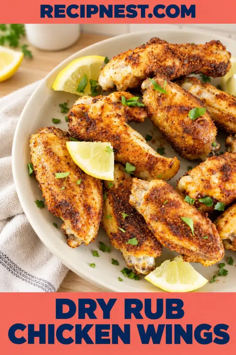 Dry Rub Chicken Wings with golden spice-coated skin, lemon wedges and herbs on an ivory platter, Recipnest