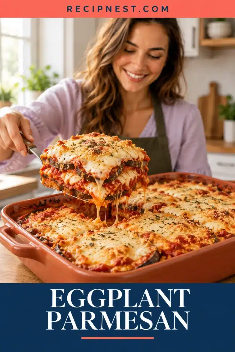 Eggplant Parmesan with tomato sauce and melted cheese in a terracotta baking dish, with a portion lifted on a serving spatula