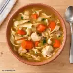 Chicken noodle soup with broad noodles, chicken chunks and carrots in a terracotta bowl, photographed overhead