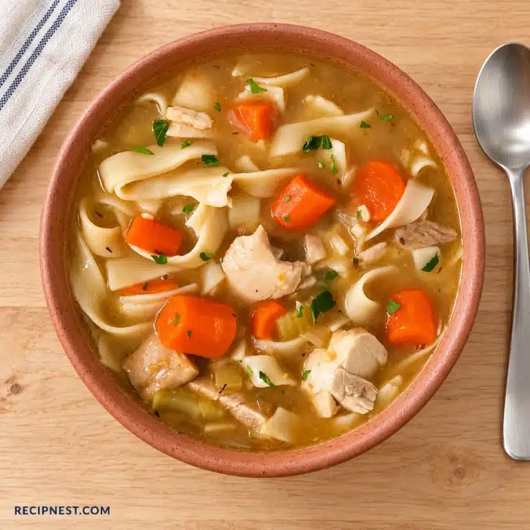 Chicken noodle soup with broad noodles, chicken chunks and carrots in a terracotta bowl, photographed overhead