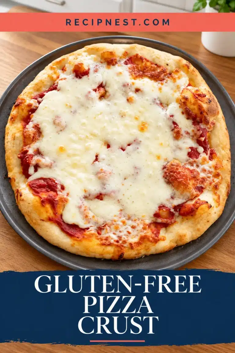 Gluten-free pizza crust topped with tomato sauce and melted mozzarella on a gray tray