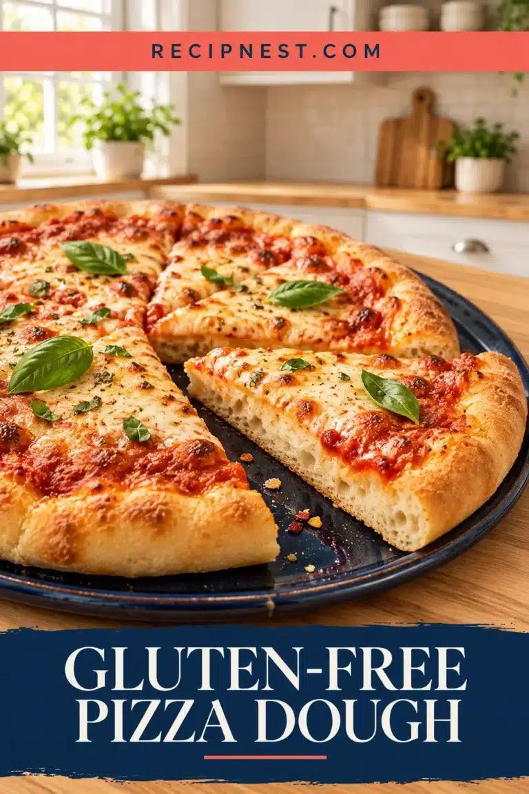 Baked pizza with a thick golden crust and one separated slice showing the crust interior on a navy platter