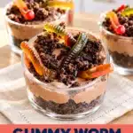 Gummy Worm Dirt Pudding Halloween Dessert with chocolate pudding, cookie crumbs and colorful gummy worms in glass cups