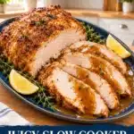 Golden herb-seasoned turkey breast with sliced white meat and brown gravy on a navy platter
