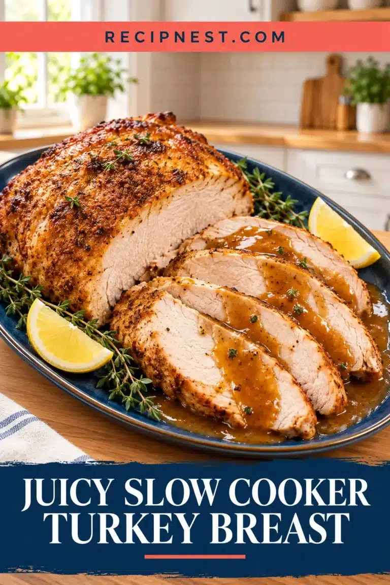 Golden herb-seasoned turkey breast with sliced white meat and brown gravy on a navy platter