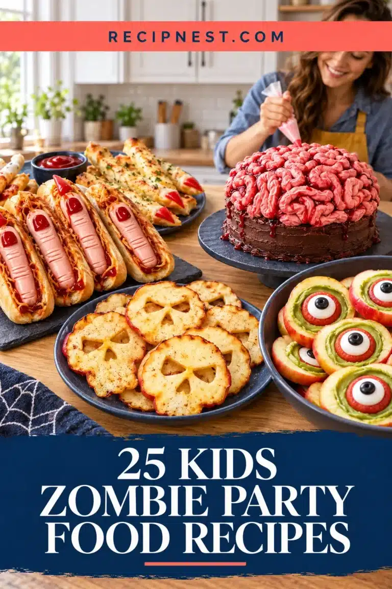 Collage of playful zombie party foods including finger hot dogs, skull apple slices, brain cake and edible eyeballs