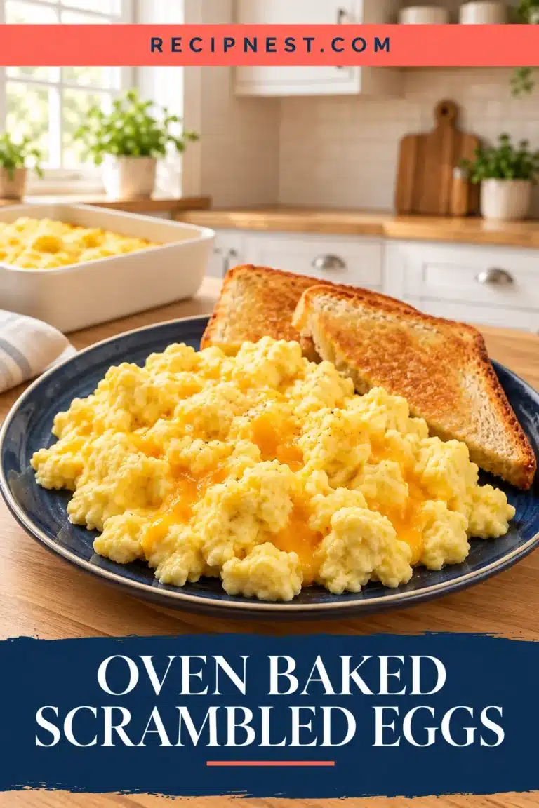 Fluffy yellow oven baked scrambled eggs served with golden toast on a navy plate