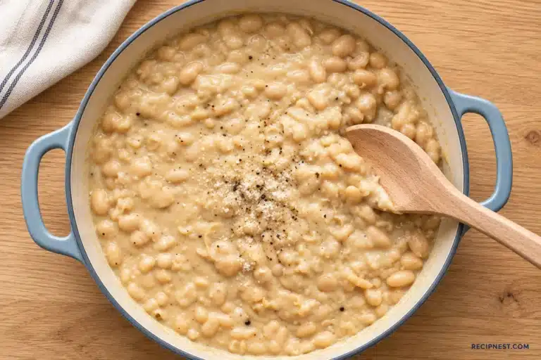 Creamy white beans with Parmesan and black pepper in a blue casserole on a wooden counter