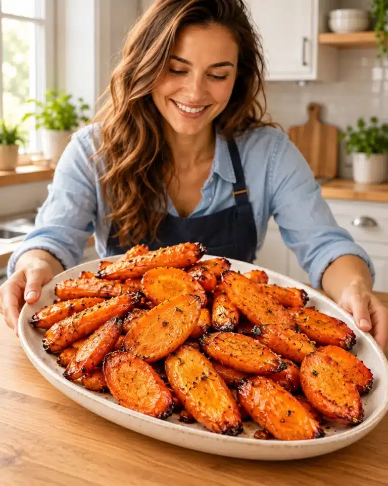 Roasted air fryer carrots with caramelized edges on a ceramic platter in the Recipnest kitchen