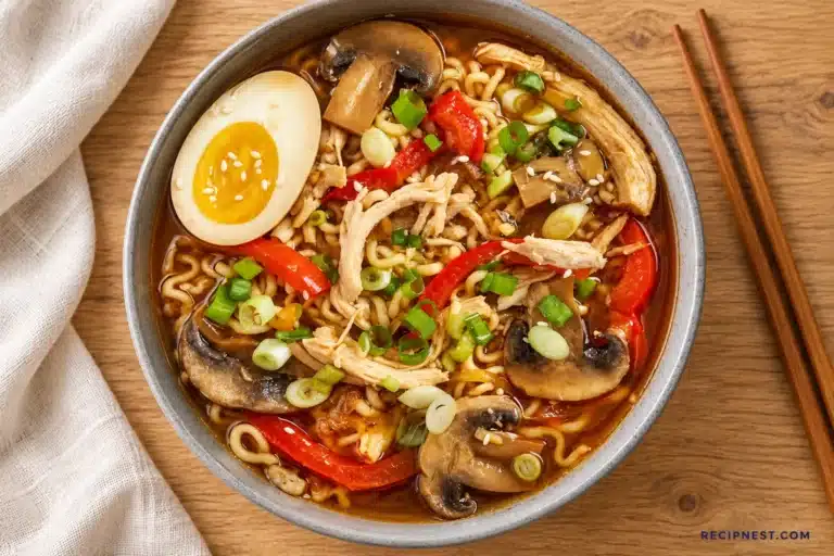 Chicken ramen with mushrooms, red pepper, scallions and an egg half in a gray bowl