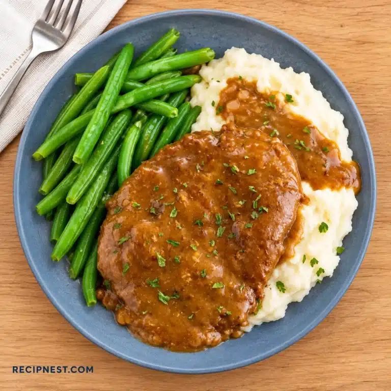 Cube steak covered in brown gravy with mashed potatoes and green beans on a slate-blue plate, photographed overhead