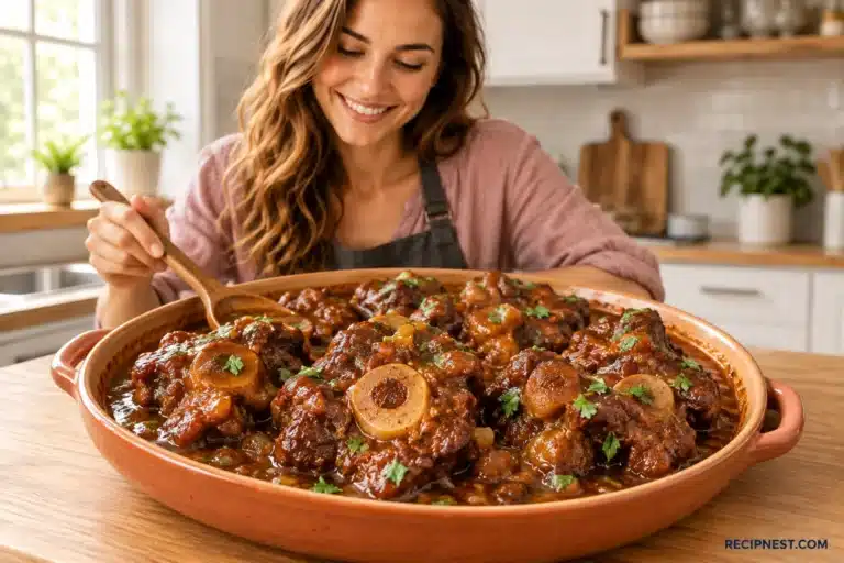 Braised bone-in oxtails in brown gravy with parsley in a terracotta dish on a wooden counter