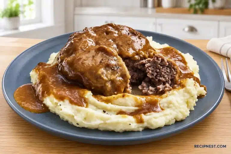 Salisbury steak with brown gravy and mashed potatoes on a slate-blue plate